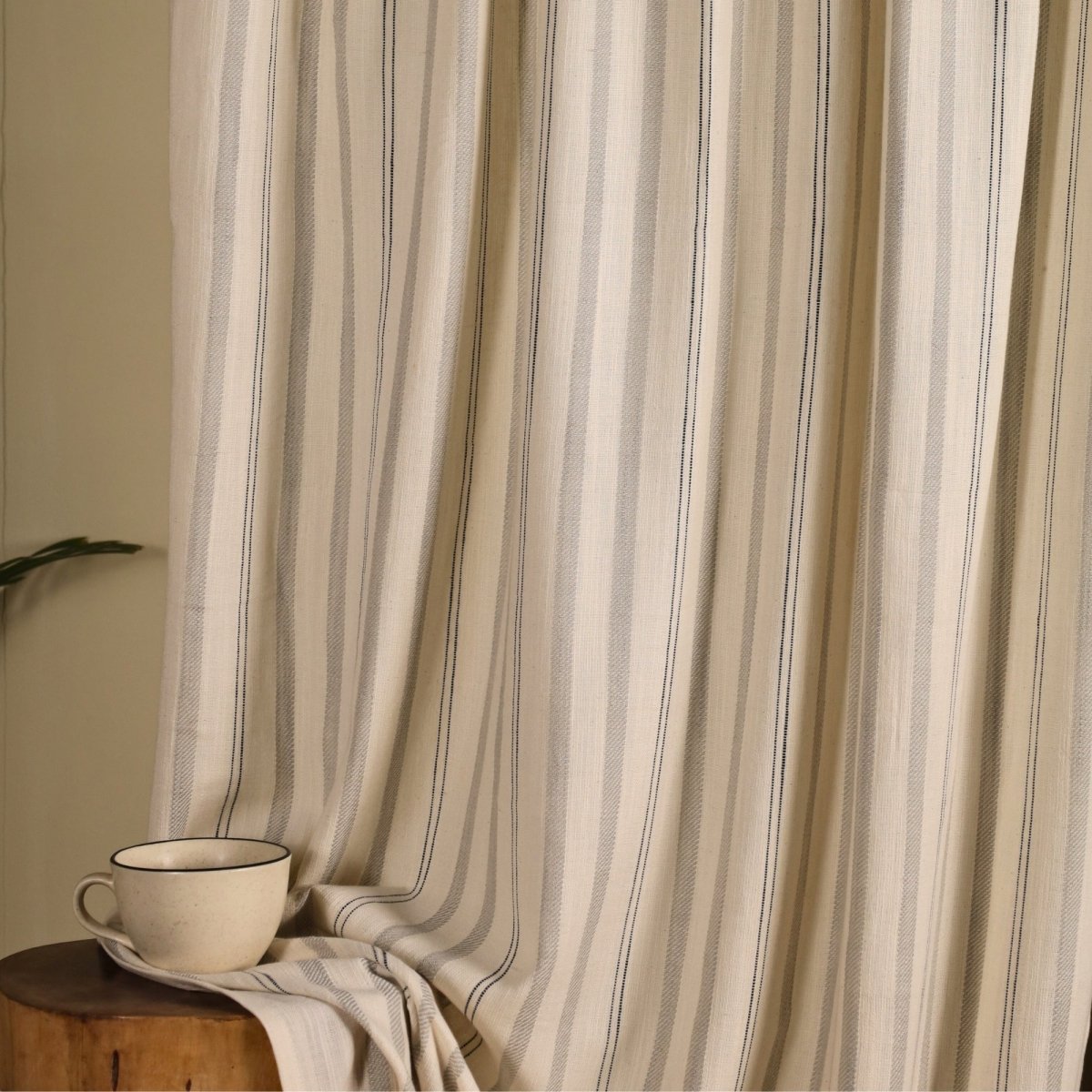 Off-White & Charcoal Handwoven Cotton Striped Curtain | 7 ft/9 ft Length
