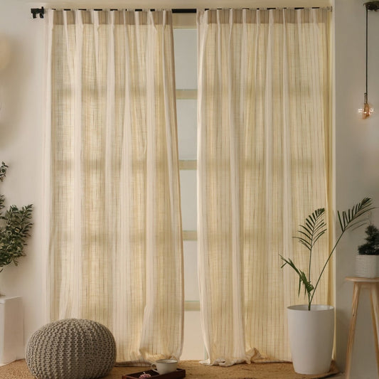 Off-White Handwoven Cotton Striped Curtain | 7 ft/9 ft Length