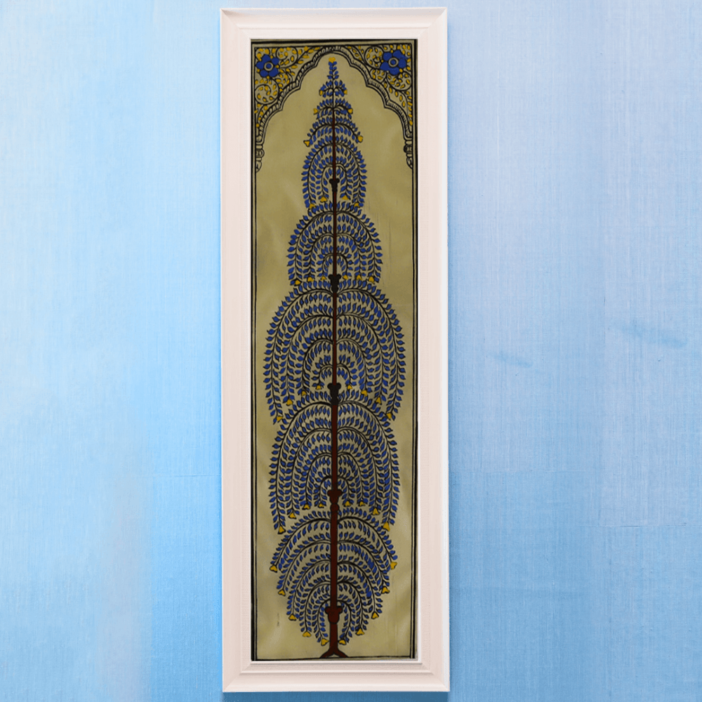 Elegant Cobalt Tussar Pattachitra, Traditional Indian Art