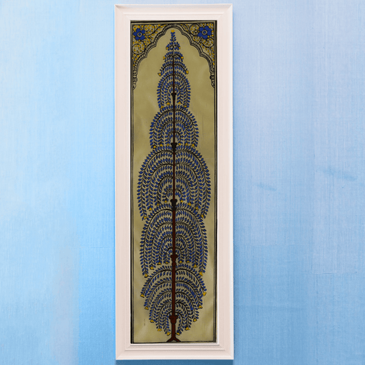 Elegant Cobalt Tussar Pattachitra, Traditional Indian Art