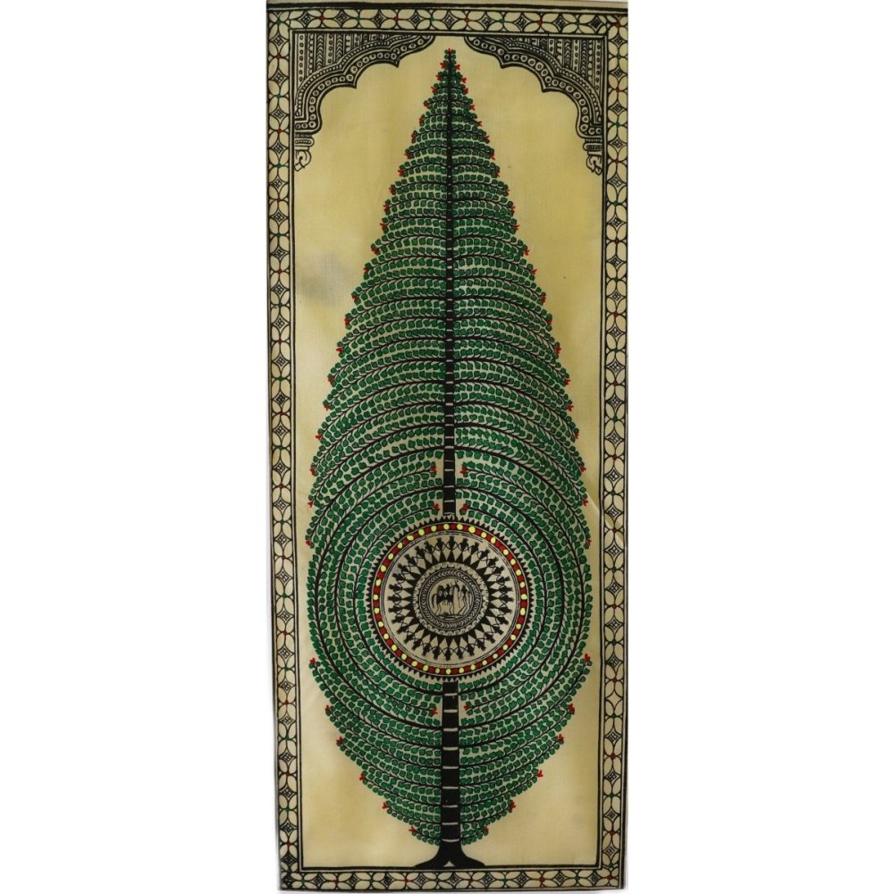 Vivid Forrest Green Tussar Pattachitra Painting, Cultural Heritage