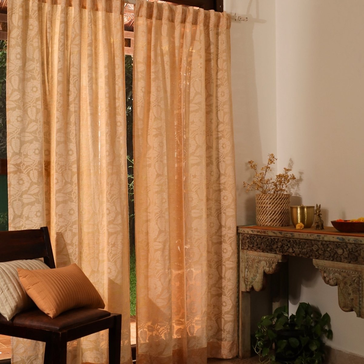 Peach Yellow Semi-Transparent Curtain for Door | Length 7ft | Marigold Collection
