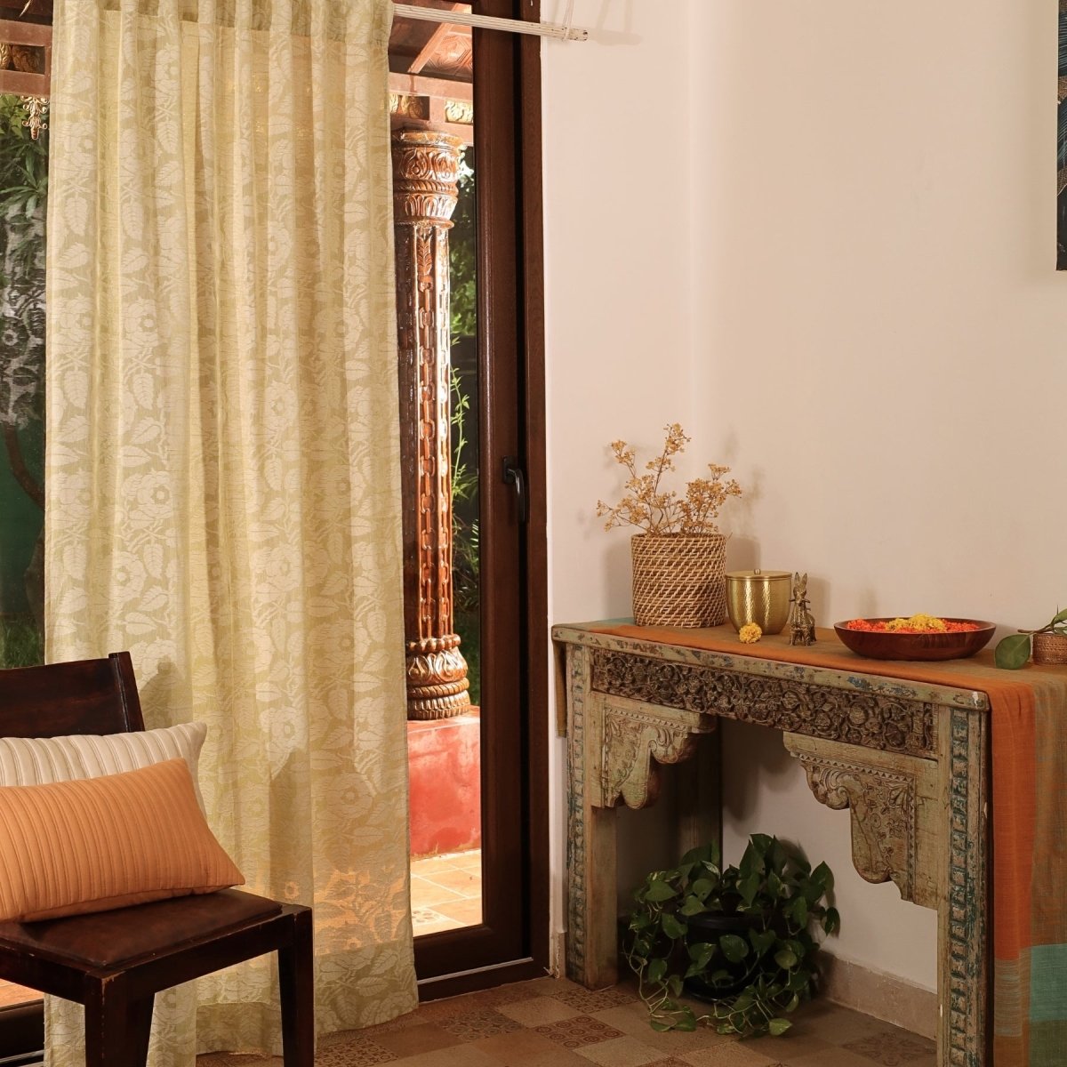 Pear Green Semi-Transparent Curtain for Door | Length 7ft | Marigold Collection