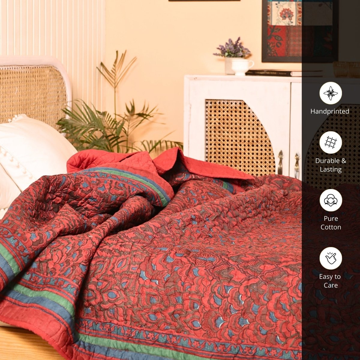 Pure Cotton All Weather Comforter in Brick Red and Navy Blue colours | Versatile as Quilts or AC Blanket or Quilted Bedcover | Avbl in Single and Queen sizes | Dry Clean Only | Chintz Collection