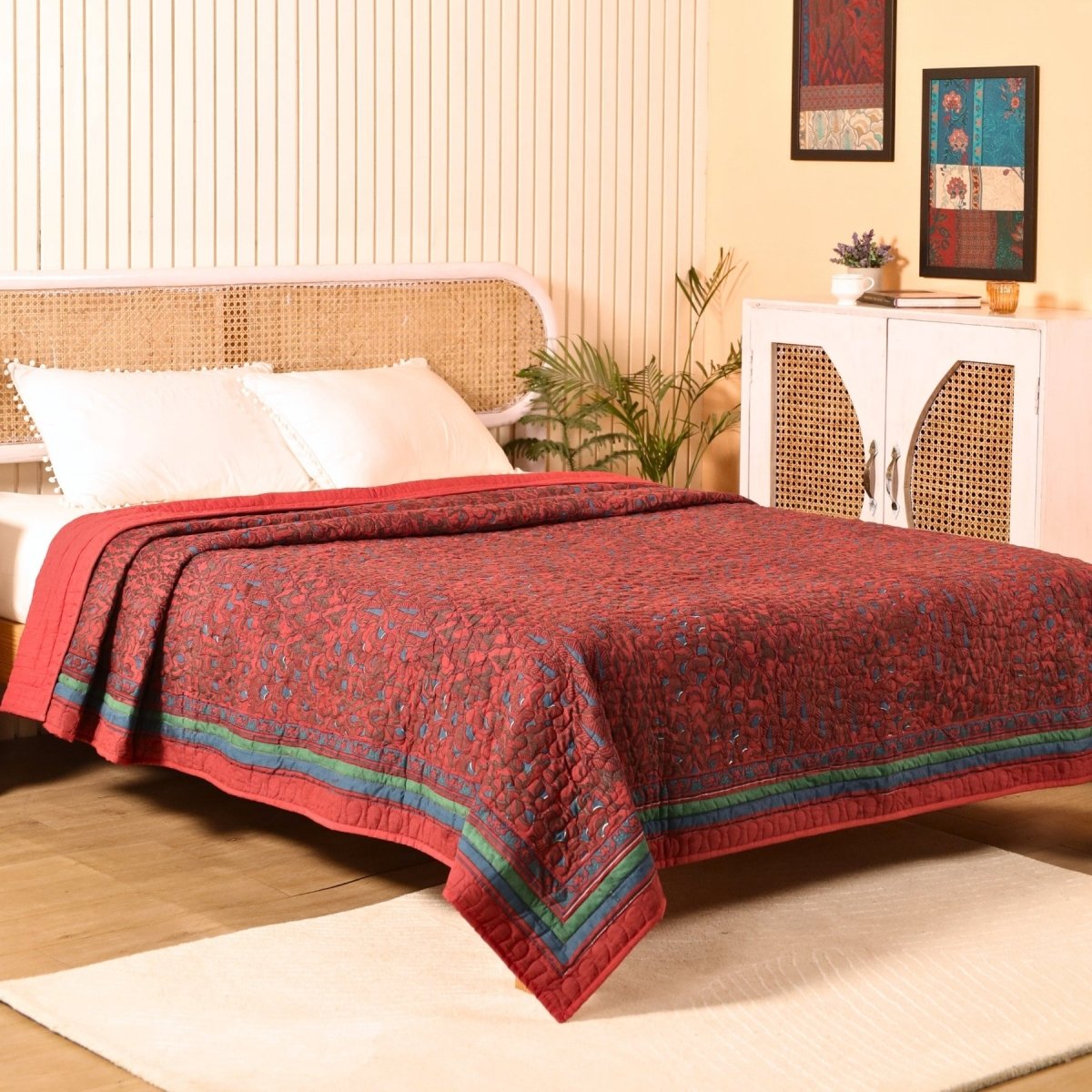 Pure Cotton All Weather Comforter in Brick Red and Navy Blue colours | Versatile as Quilts or AC Blanket or Quilted Bedcover | Avbl in Single and Queen sizes | Dry Clean Only | Chintz Collection