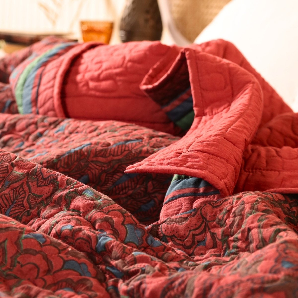 Pure Cotton All Weather Comforter in Brick Red and Navy Blue colours | Versatile as Quilts or AC Blanket or Quilted Bedcover | Avbl in Single and Queen sizes | Dry Clean Only | Chintz Collection