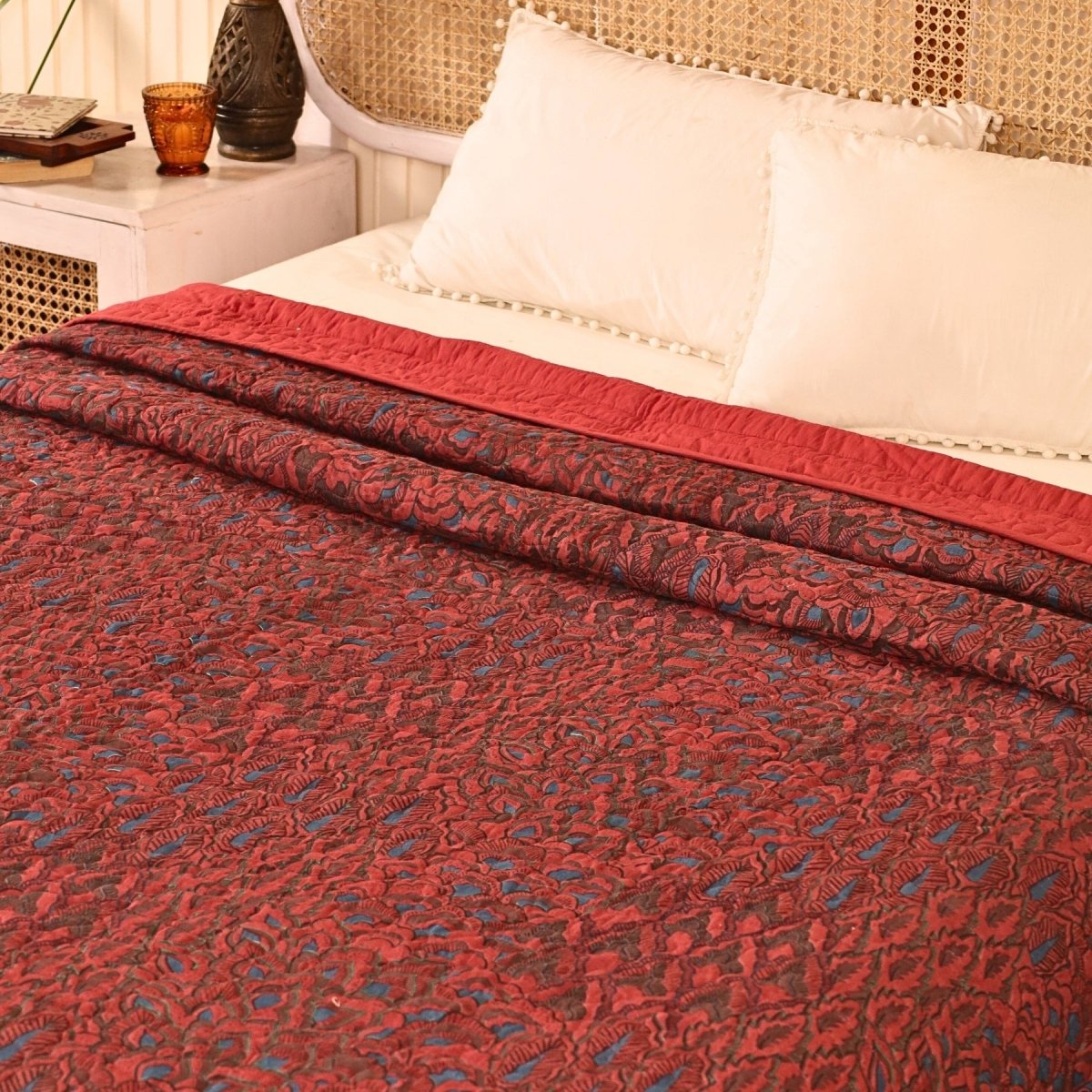 Pure Cotton All Weather Comforter in Brick Red and Navy Blue colours | Versatile as Quilts or AC Blanket or Quilted Bedcover | Avbl in Single and Queen sizes | Dry Clean Only | Chintz Collection