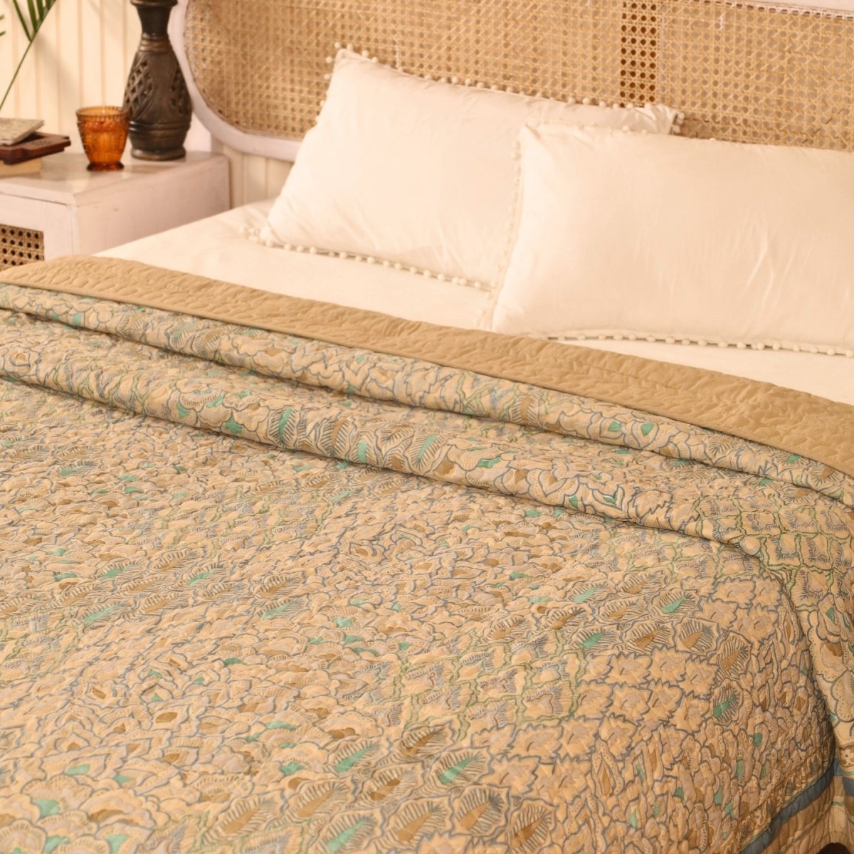 Pure Cotton All Weather Comforter in Ivory Taupe and Powder Blue |  Versatile as Quilt or AC Blanket or Quilted Bedcover | Avbl in Single and Queen Sizes | Dry Clean only | Chintz Collection