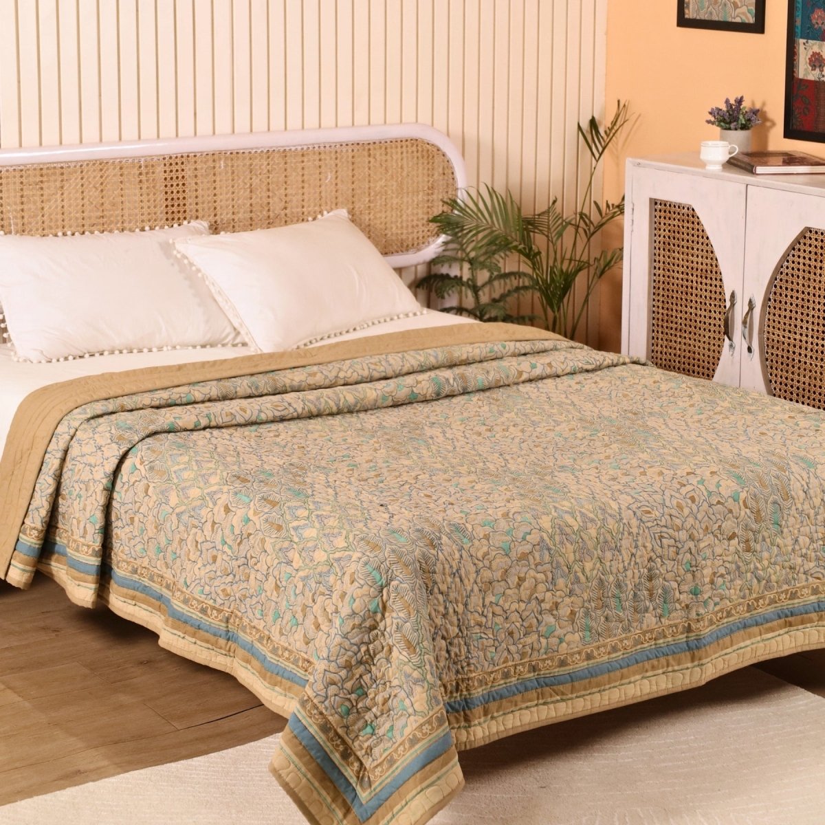Pure Cotton All Weather Comforter in Ivory Taupe and Powder Blue |  Versatile as Quilt or AC Blanket or Quilted Bedcover | Avbl in Single and Queen Sizes | Dry Clean only | Chintz Collection