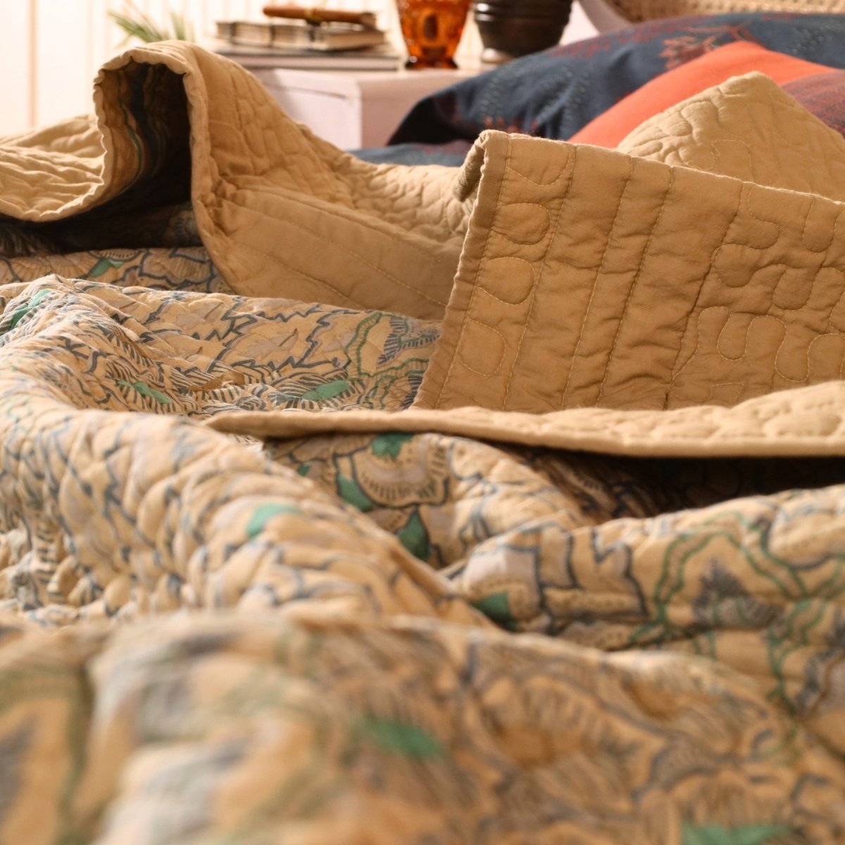 Pure Cotton All Weather Comforter in Ivory Taupe and Powder Blue |  Versatile as Quilt or AC Blanket or Quilted Bedcover | Avbl in Single and Queen Sizes | Dry Clean only | Chintz Collection