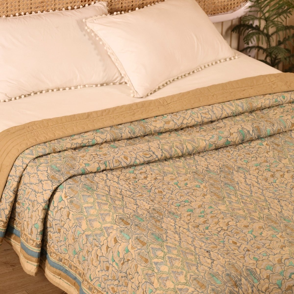 Pure Cotton All Weather Comforter in Ivory Taupe and Powder Blue |  Versatile as Quilt or AC Blanket or Quilted Bedcover | Avbl in Single and Queen Sizes | Dry Clean only | Chintz Collection