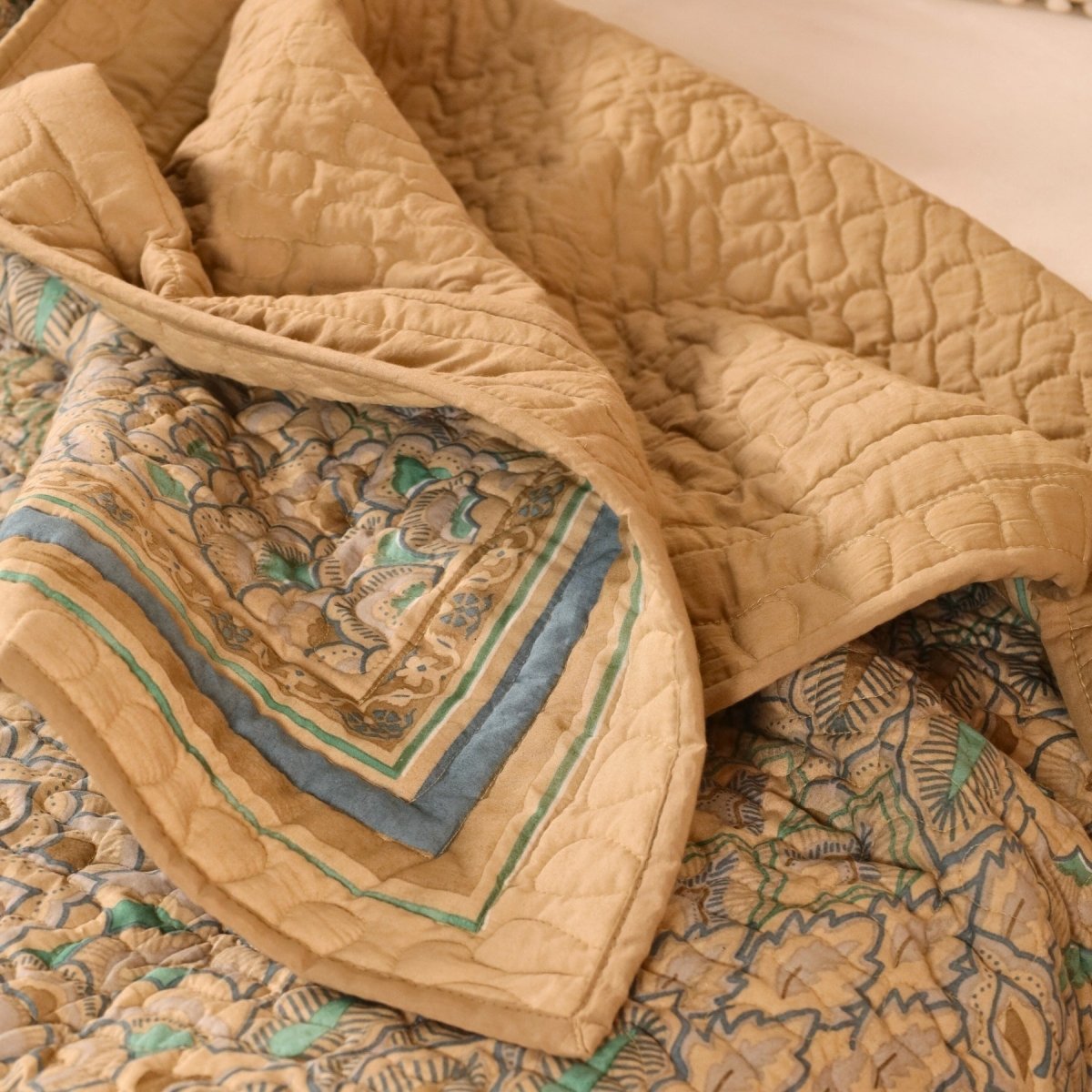 Pure Cotton All Weather Comforter in Ivory Taupe and Powder Blue |  Versatile as Quilt or AC Blanket or Quilted Bedcover | Avbl in Single and Queen Sizes | Dry Clean only | Chintz Collection