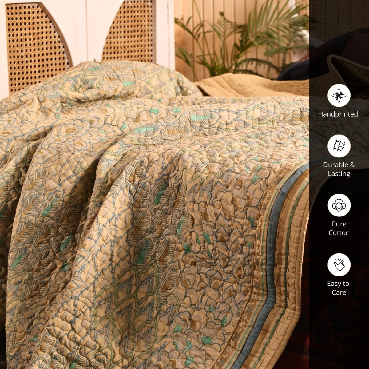 Pure Cotton All Weather Comforter in Ivory Taupe and Powder Blue |  Versatile as Quilt or AC Blanket or Quilted Bedcover | Avbl in Single and Queen Sizes | Dry Clean only | Chintz Collection