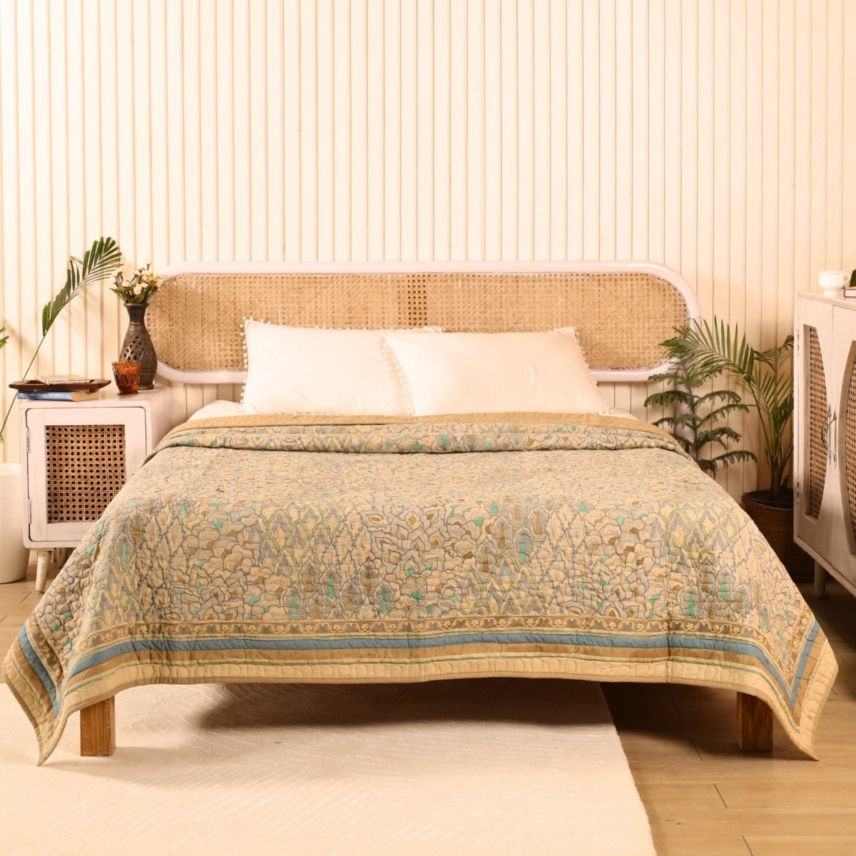 Pure Cotton All Weather Comforter in Ivory Taupe and Powder Blue |  Versatile as Quilt or AC Blanket or Quilted Bedcover | Avbl in Single and Queen Sizes | Dry Clean only | Chintz Collection