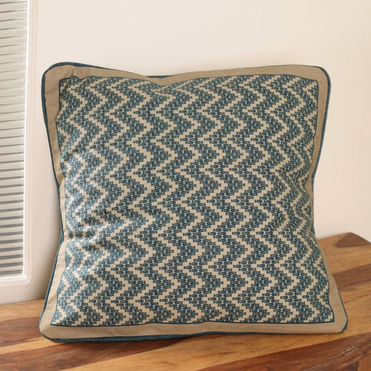 Pure Cotton Cushion Cover 16 inch x 16 inch for living room sofa or bed room | Chevron print in Ivory and Navy Blue | Gentle Machine Wash or Hand Wash | Chintz Collection