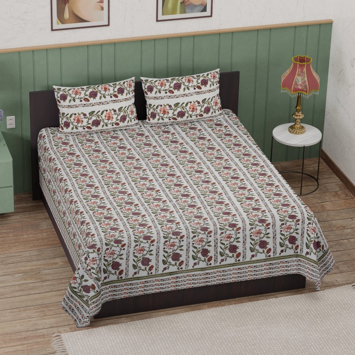 Pure Cotton Double Bed Sheet Set with 2 Pillow Covers shown in a home setup