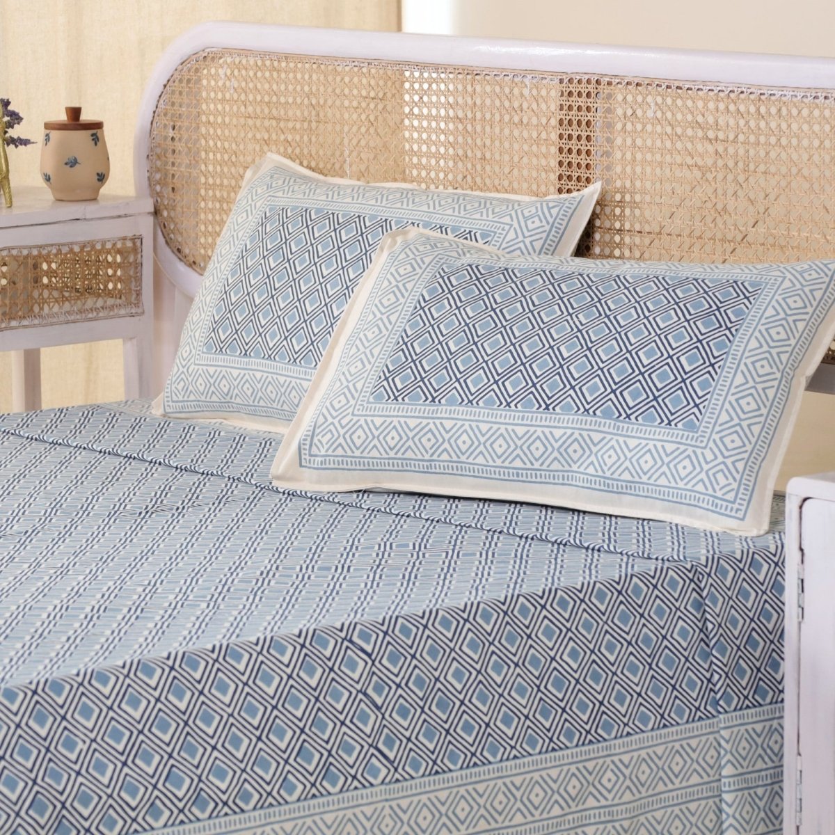 Pure Cotton Double Bedsheet Set With 2 Pillow Covers | Hand Printed in Blue & Grey | Handmade In India