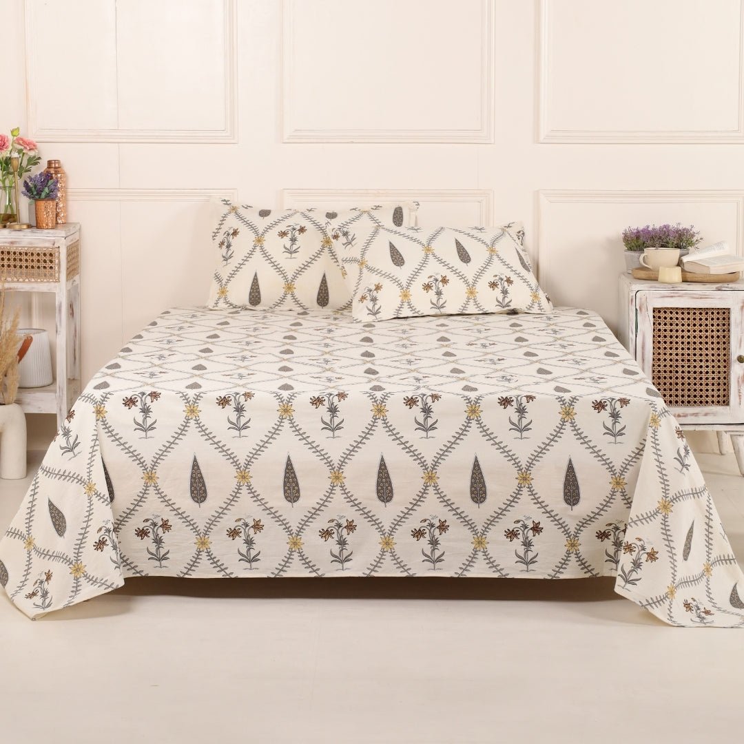 Pure Cotton Double Bedsheet Set With 2 Pillow Covers | Hand Printed In Cypress Yellow | Handmade In India