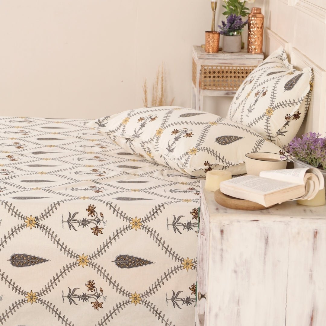 Pure Cotton Double Bedsheet Set With 2 Pillow Covers | Hand Printed In Cypress Yellow | Handmade In India