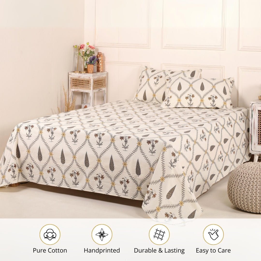 Pure Cotton Double Bedsheet Set With 2 Pillow Covers | Hand Printed In Cypress Yellow | Handmade In India