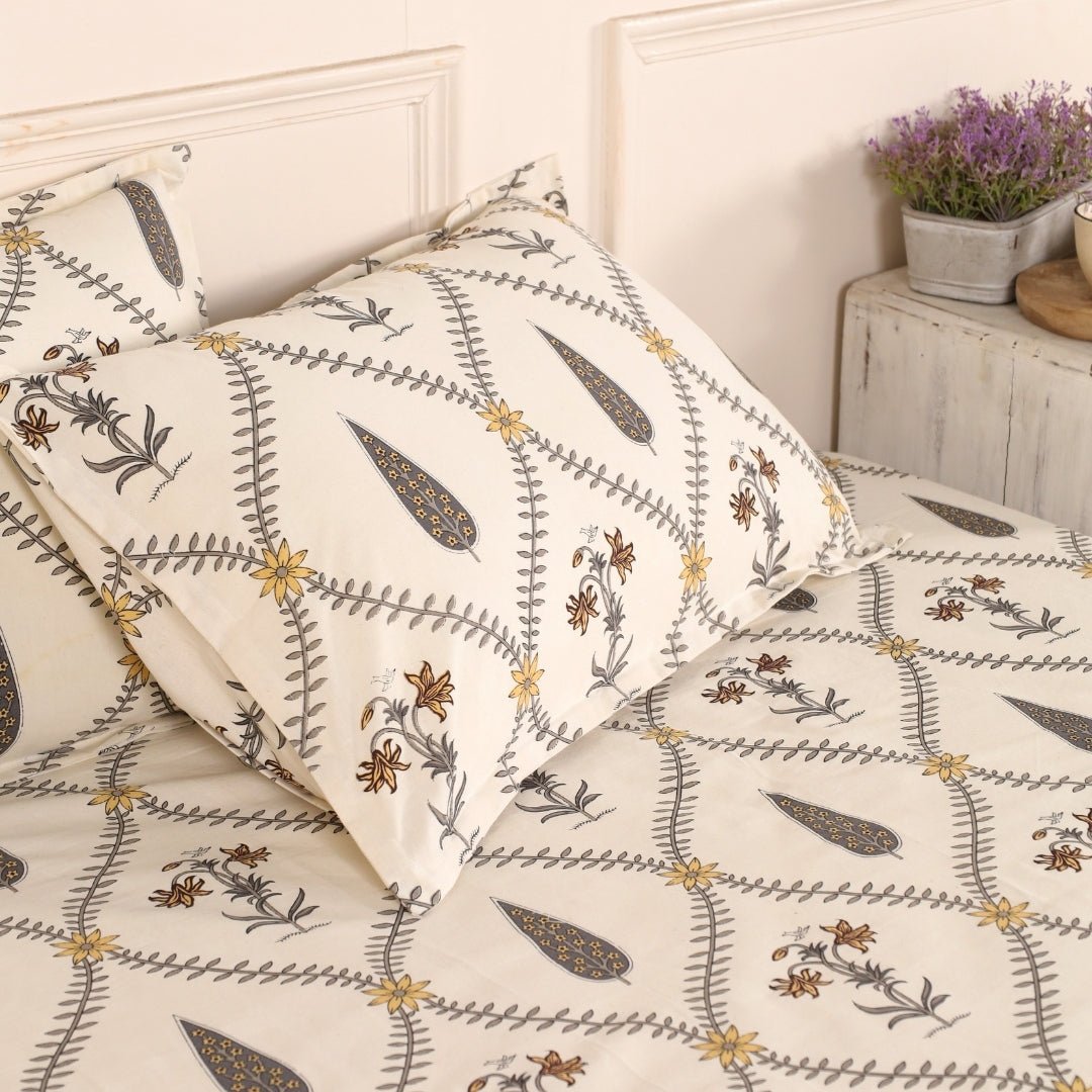 Pure Cotton Double Bedsheet Set With 2 Pillow Covers | Hand Printed In Cypress Yellow | Handmade In India