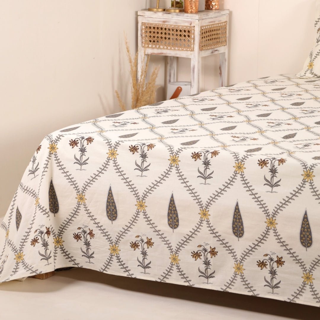 Pure Cotton Double Bedsheet Set With 2 Pillow Covers | Hand Printed In Cypress Yellow | Handmade In India