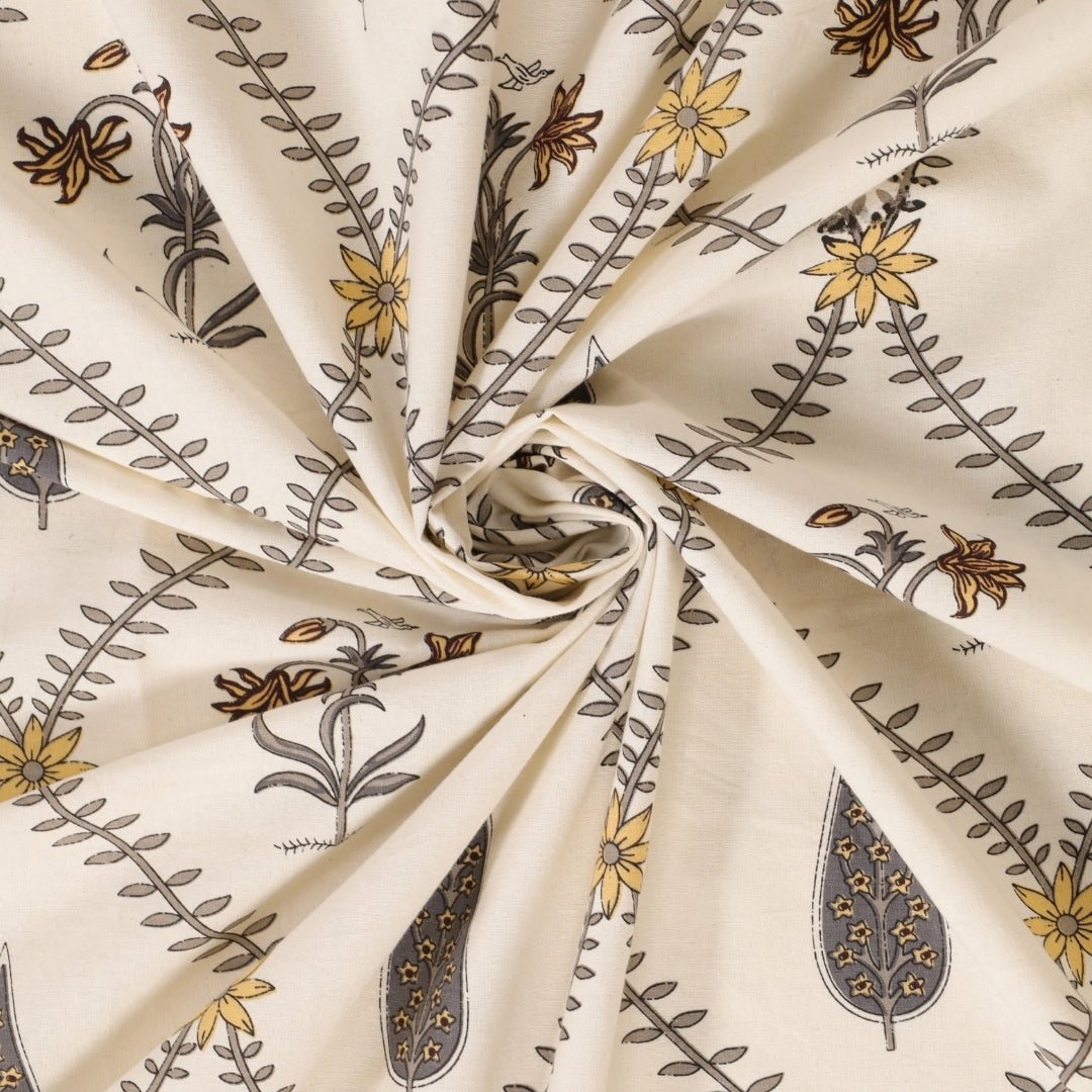 Pure Cotton Double Bedsheet Set With 2 Pillow Covers | Hand Printed In Cypress Yellow | Handmade In India
