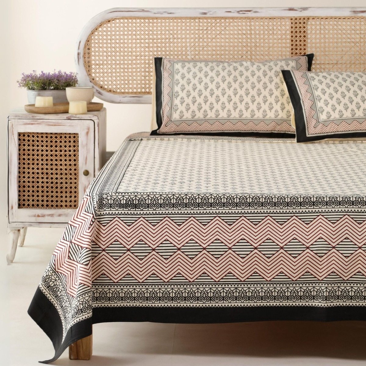 Pure Cotton Double Bedsheet Set With 2 Pillow Covers | King Size | Hand Printed in Beige, Maroon, & Black Florals | Handmade In India