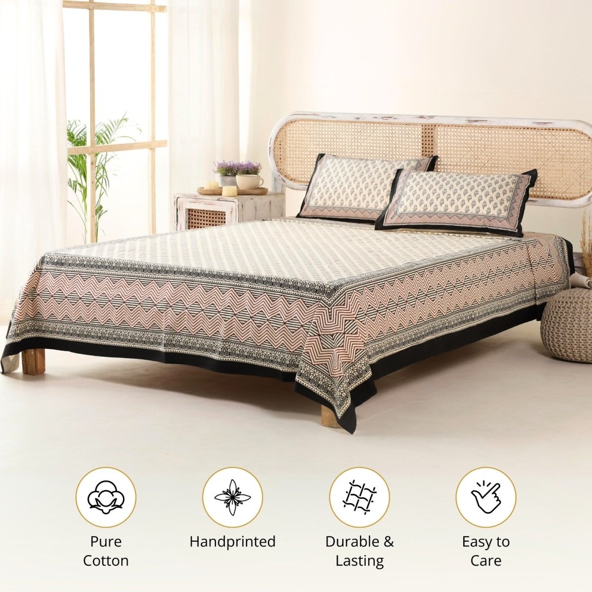Pure Cotton Double Bedsheet Set With 2 Pillow Covers | King Size | Hand Printed in Beige, Maroon, & Black Florals | Handmade In India