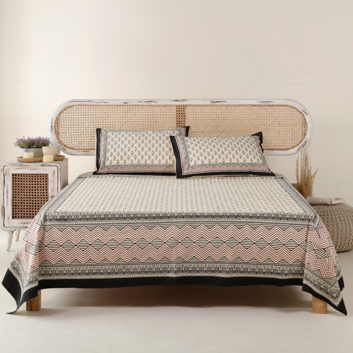 Pure Cotton Double Bedsheet Set With 2 Pillow Covers | King Size | Hand Printed in Beige, Maroon, & Black Florals | Handmade In India