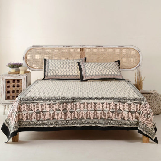 Pure Cotton Double Bedsheet Set With 2 Pillow Covers | King Size | Hand Printed in Beige, Maroon, & Black Florals | Handmade In India