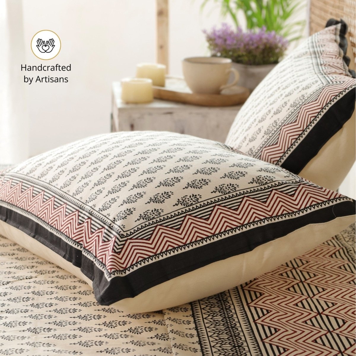 Pure Cotton Double Bedsheet Set With 2 Pillow Covers | King Size | Hand Printed in Beige, Maroon, & Black Florals | Handmade In India