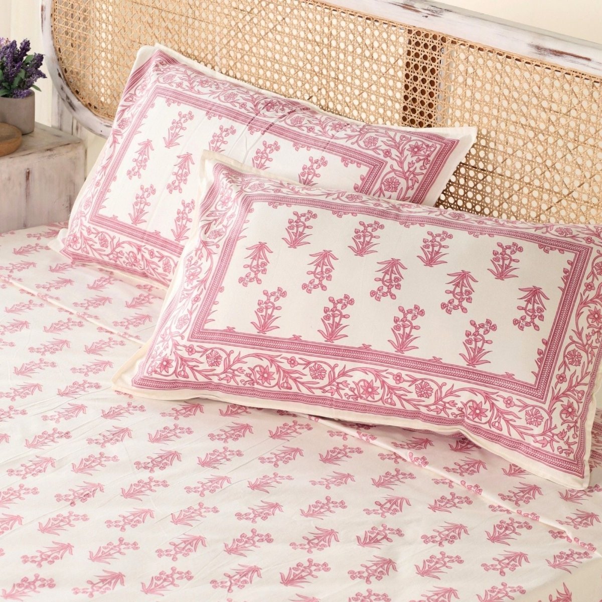 Pure Cotton Double Bedsheet Set With 2 Pillow Covers | King Size | Hand Printed With A Floral Print In Pink & White | Handmade In India