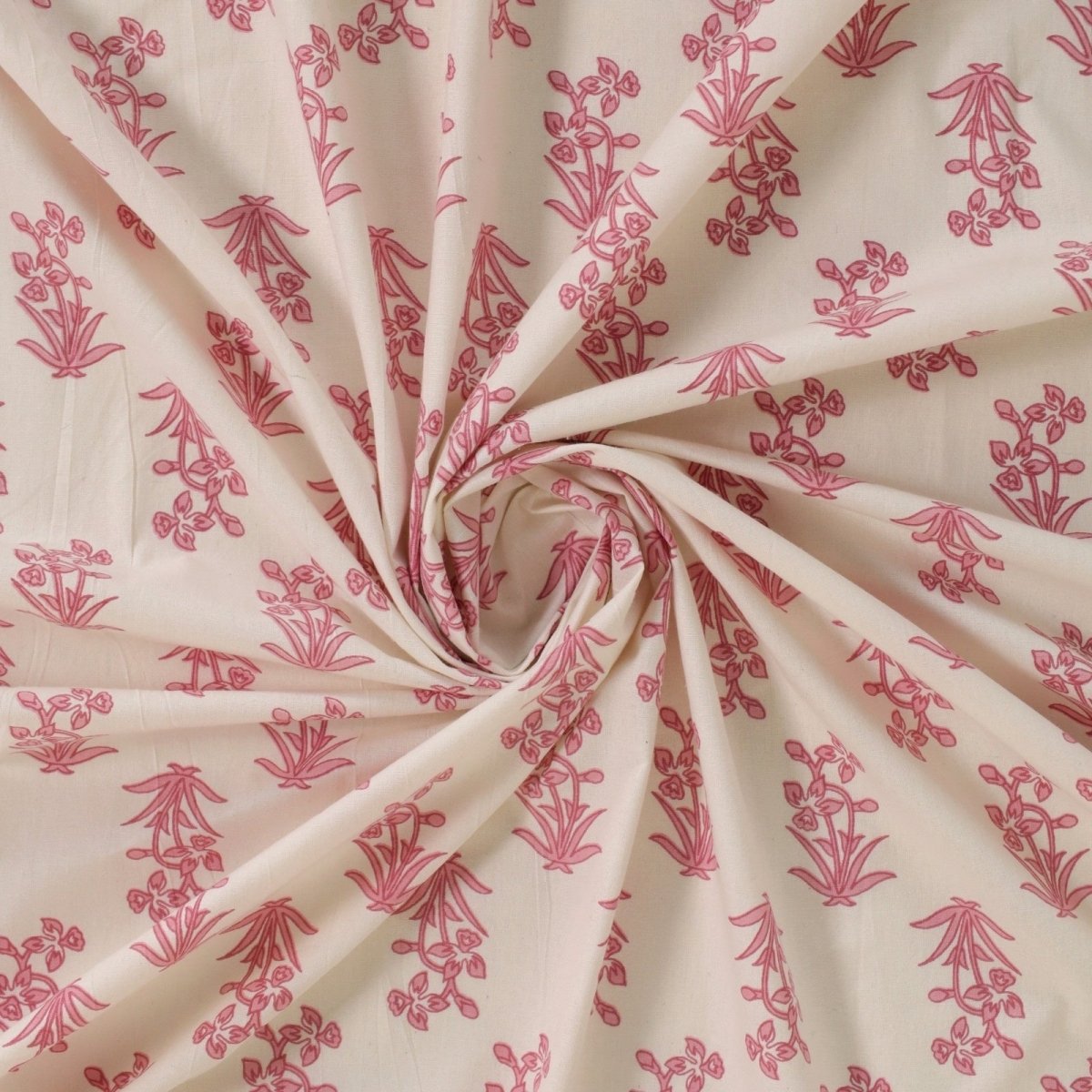 Pure Cotton Double Bedsheet Set With 2 Pillow Covers | King Size | Hand Printed With A Floral Print In Pink & White | Handmade In India