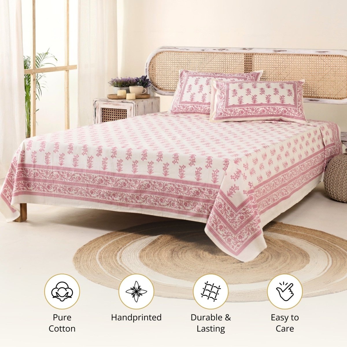 Pure Cotton Double Bedsheet Set With 2 Pillow Covers | King Size | Hand Printed With A Floral Print In Pink & White | Handmade In India