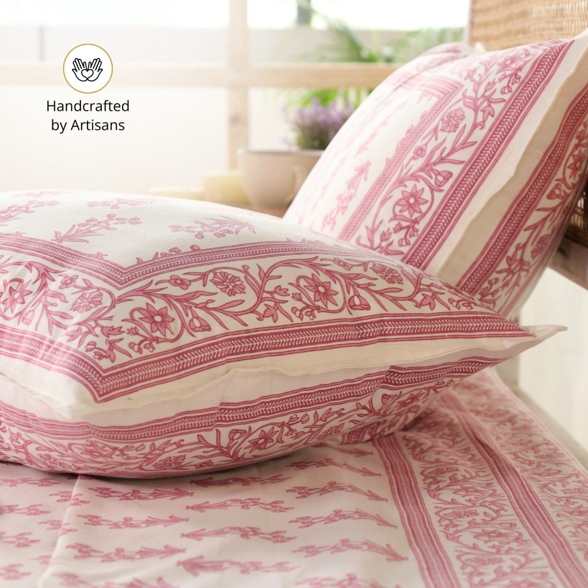 Pure Cotton Double Bedsheet Set With 2 Pillow Covers | King Size | Hand Printed With A Floral Print In Pink & White | Handmade In India