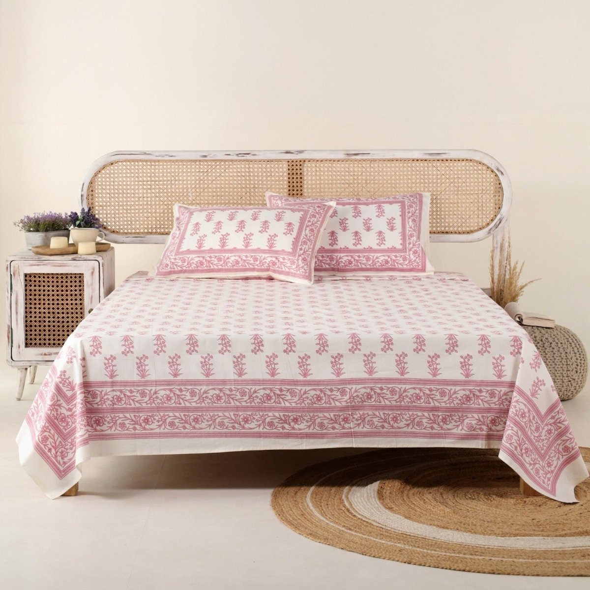 Pure Cotton Double Bedsheet Set With 2 Pillow Covers | King Size | Hand Printed With A Floral Print In Pink & White | Handmade In India