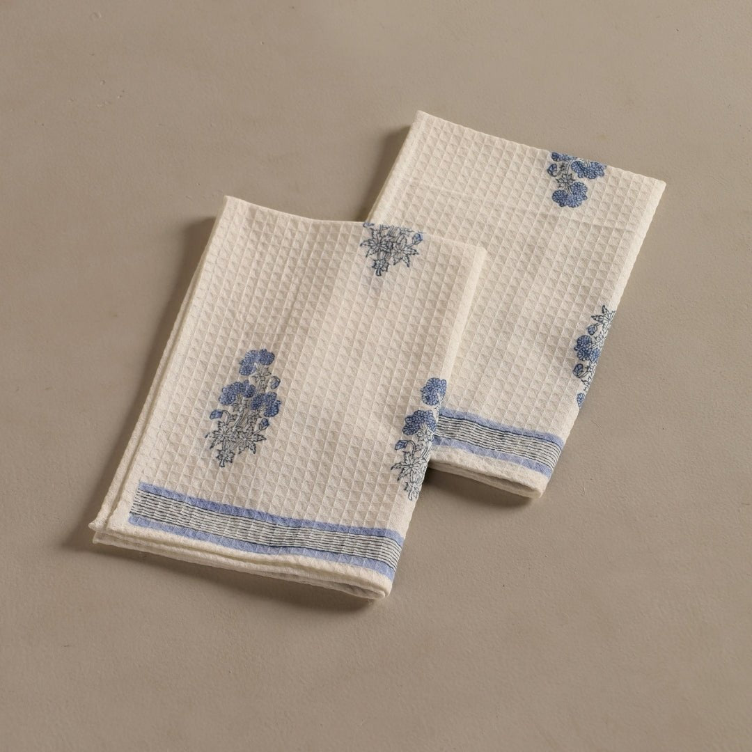 Pure Cotton Hand and Bath Towel Set | Hand Block Printed In Blue Floral Pattern | Handmade In India
