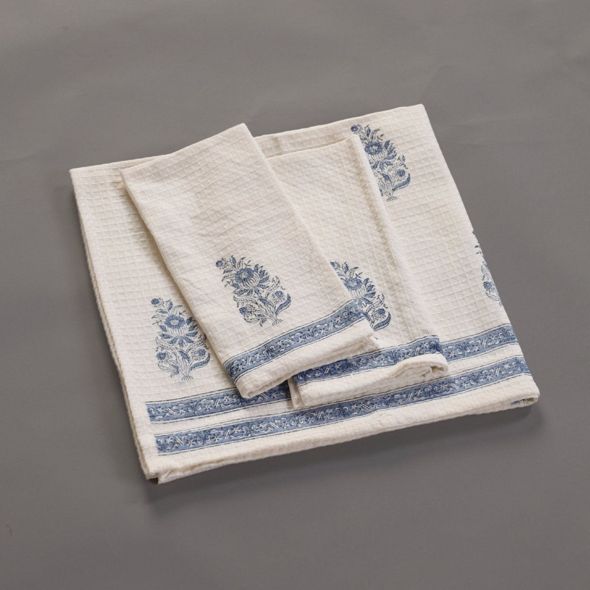 Pure Cotton Hand and Bath Towel Set | Hand Block Printed In Off White and Blue | Handmade in India