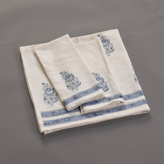 Pure Cotton Hand and Bath Towel Set | Hand Block Printed In Off White and Blue | Handmade in India