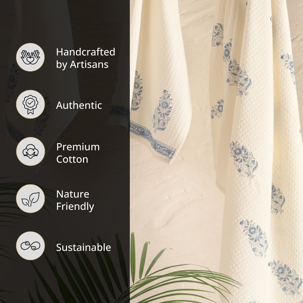 Pure Cotton Hand and Bath Towel Set | Hand Block Printed In Off White and Blue | Handmade in India