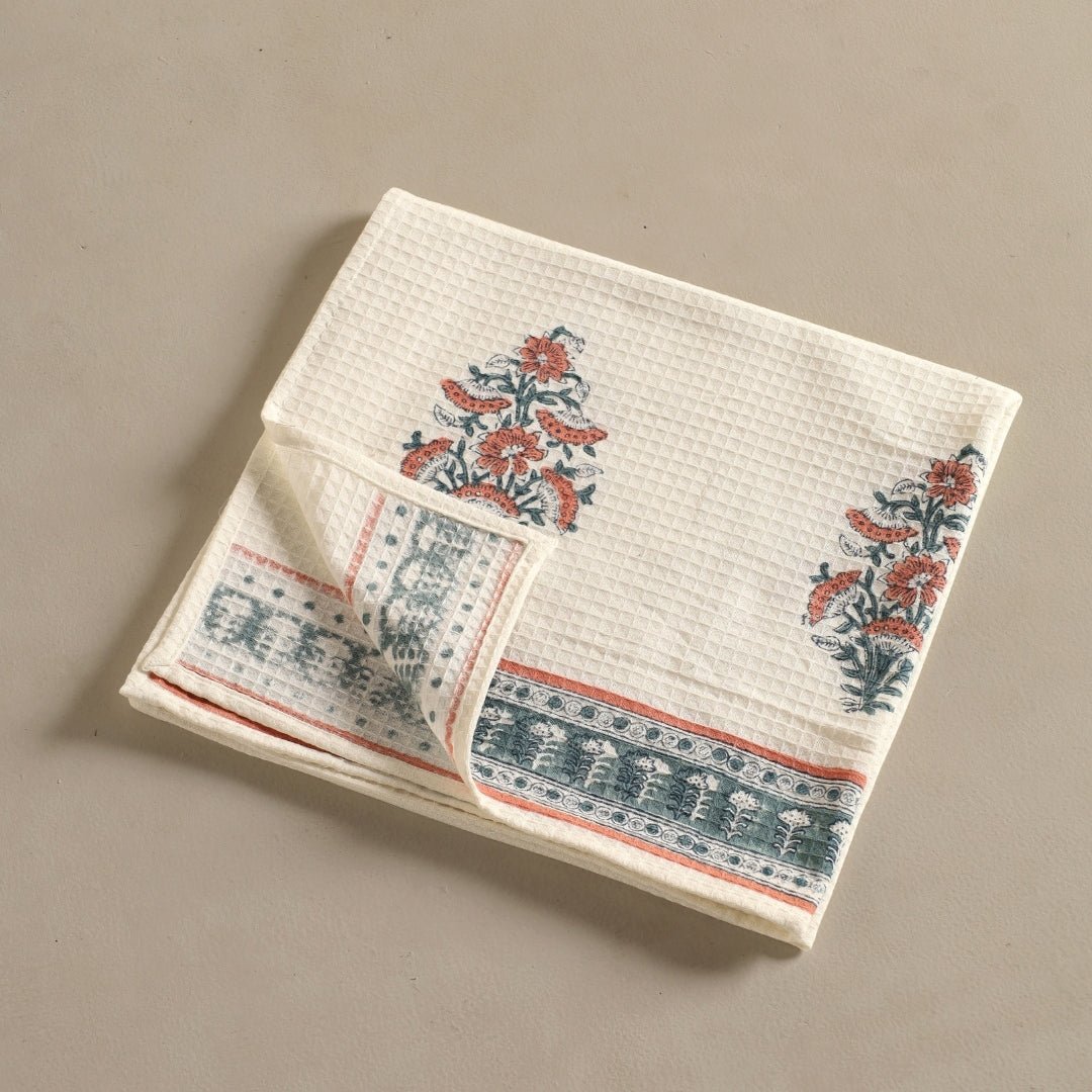 Pure Cotton Hand and Bath Towel Set | Hand Block Printed In Peach And Teal | Handmade In India (Copy)
