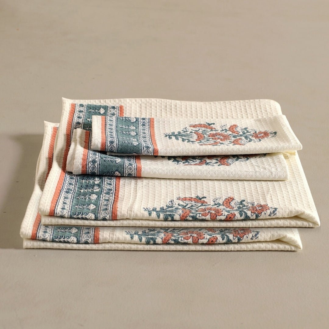 Pure Cotton Hand and Bath Towel Set | Hand Block Printed In Peach And Teal | Handmade In India (Copy)