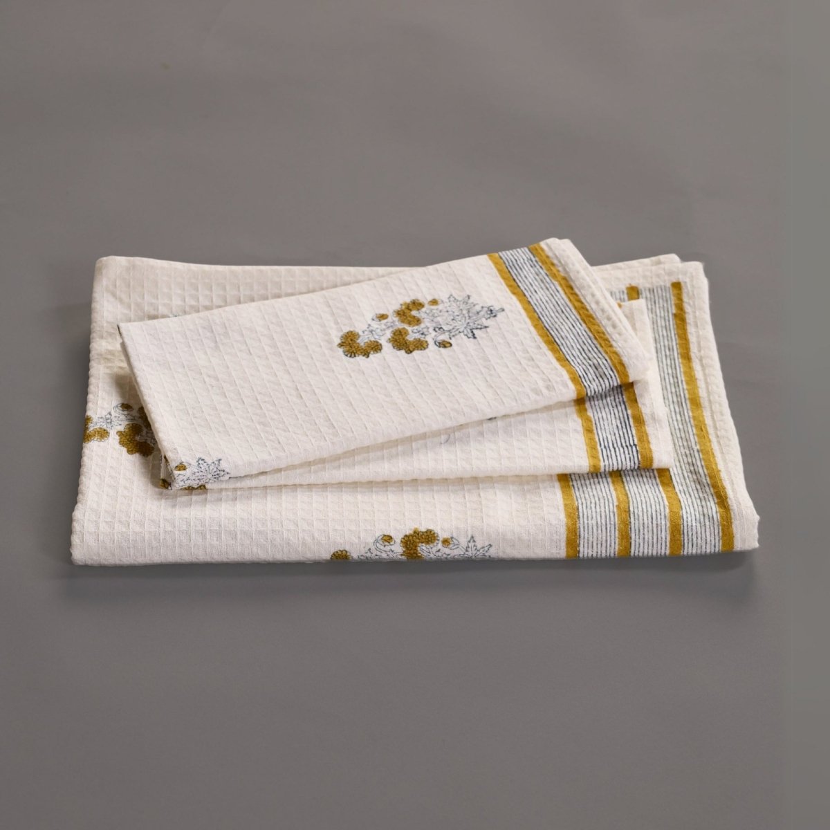 Pure Cotton Hand and Bath Towel Set | Hand Block Printed In Yellow Floral Pattern | Handmade in India