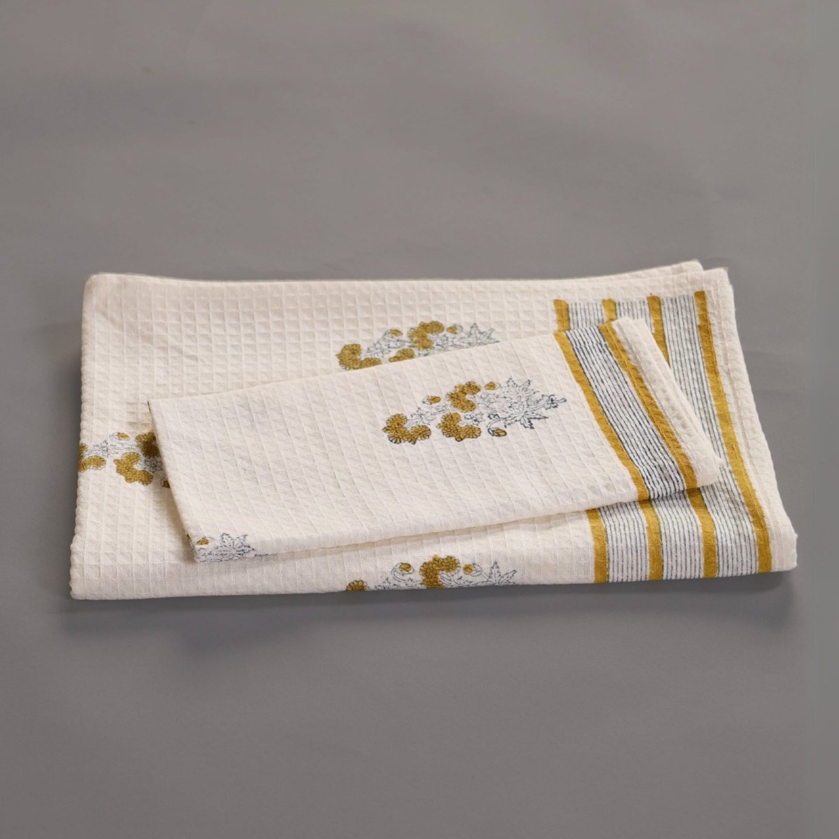 Pure Cotton Hand and Bath Towel Set | Hand Block Printed In Yellow Floral Pattern | Handmade in India