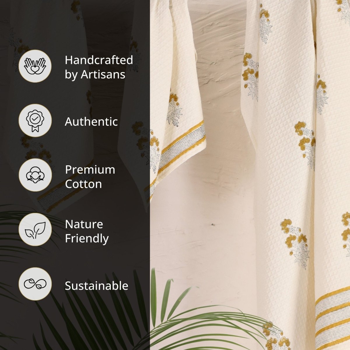 Pure Cotton Hand and Bath Towel Set | Hand Block Printed In Yellow Floral Pattern | Handmade in India