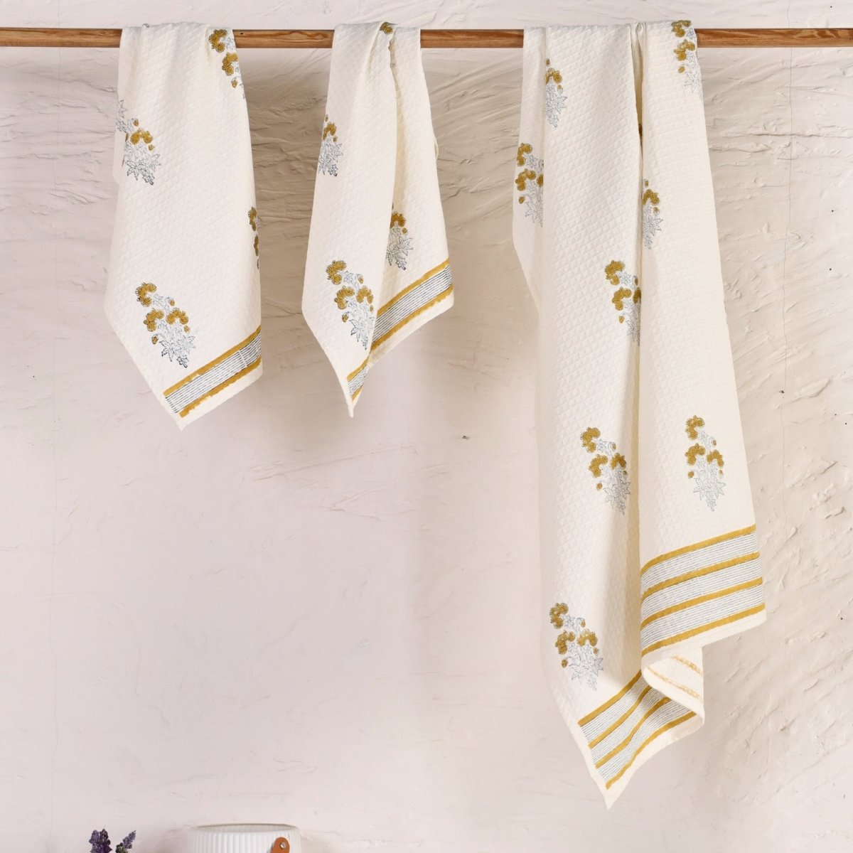 Pure Cotton Hand and Bath Towel Set | Hand Block Printed In Yellow Floral Pattern | Handmade in India