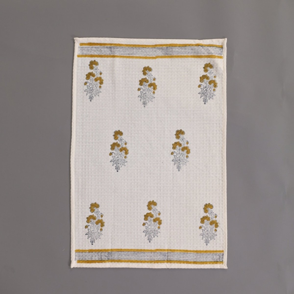 Pure Cotton Hand and Bath Towel Set | Hand Block Printed In Yellow Floral Pattern | Handmade in India