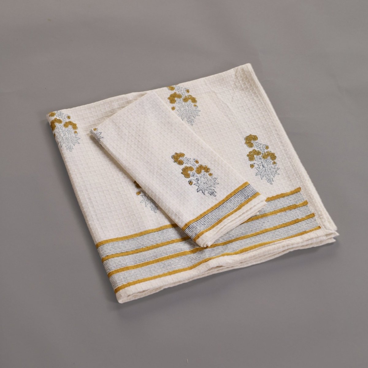 Pure Cotton Hand and Bath Towel Set | Hand Block Printed In Yellow Floral Pattern | Handmade in India