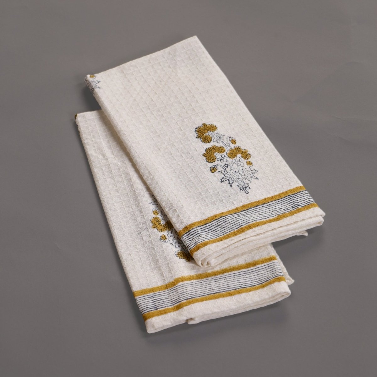 Pure Cotton Hand and Bath Towel Set | Hand Block Printed In Yellow Floral Pattern | Handmade in India